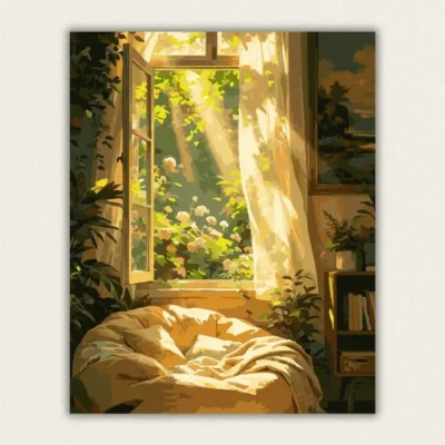 Sunlit cozy reading corner paint by numbers kit for adults, made in USA with fast domestic shipping.
