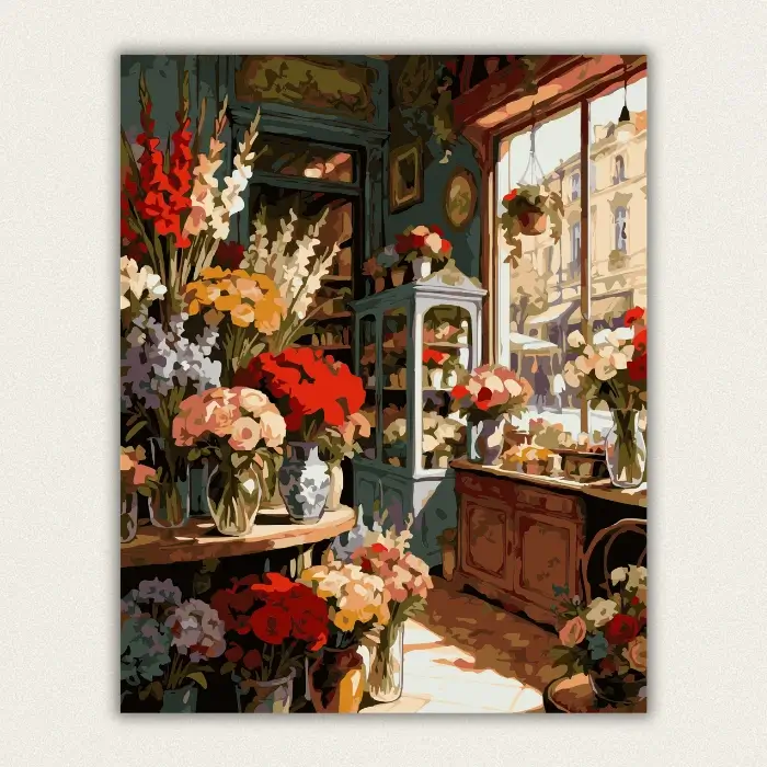 Sunlit vintage flower shop interior with vibrant blooms paint by numbers finished canvas