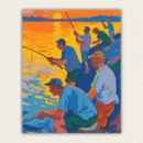 Group of men fishing from a lakeside at sunset impressionist style paint by numbers finished canvas