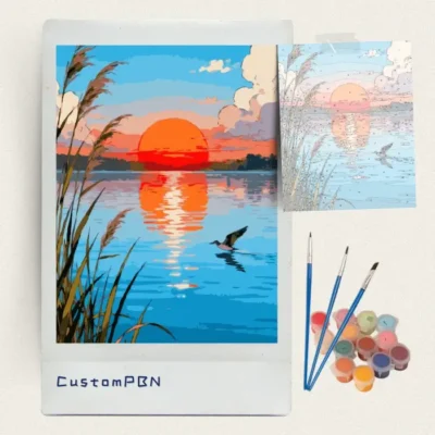 Sunset lake with reeds and a water bird paint by numbers kit with canvas, three brushes, paints and reference sheet