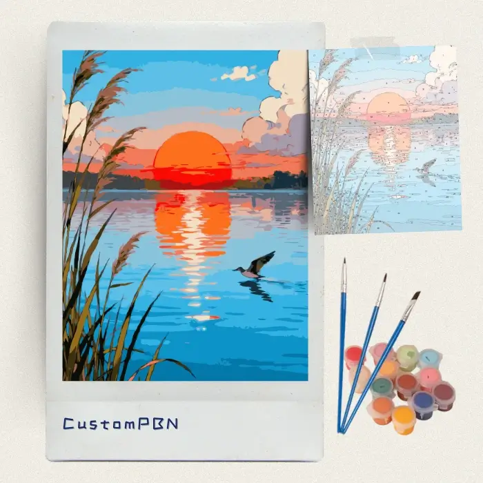 Sunset lake with reeds and a water bird paint by numbers kit with canvas, three brushes, paints and reference sheet