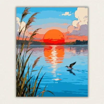 Sunset lake with tall reeds in the foreground and a water bird landing paint by numbers finished canvas