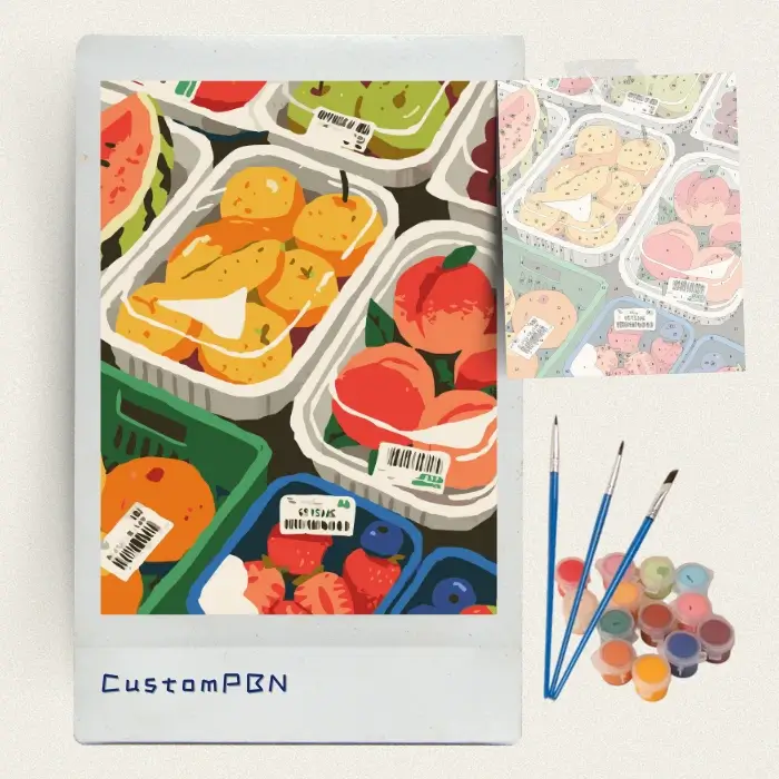 Supermarket fruit tray paint by numbers kit with canvas, three brushes, paints and reference sheet