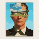 Surreal collage portrait of a man whose face is cut open to reveal a landscape paint by numbers finished canvas