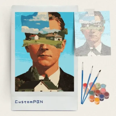 Surreal collage portrait paint by numbers kit with canvas, three brushes, paints and reference sheet