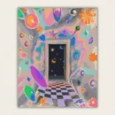 Surreal cosmic doorway opening into starry space inside a psychedelic pastel room