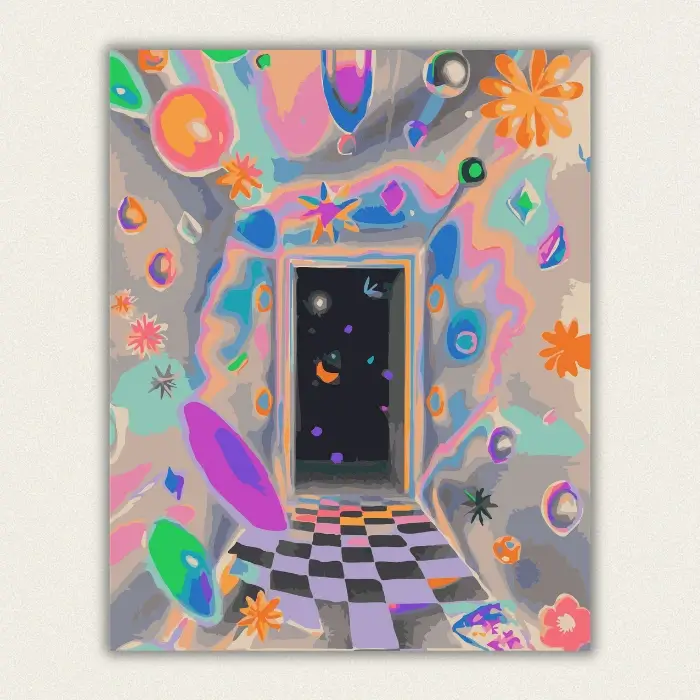 Surreal cosmic doorway opening into starry space inside a psychedelic pastel room