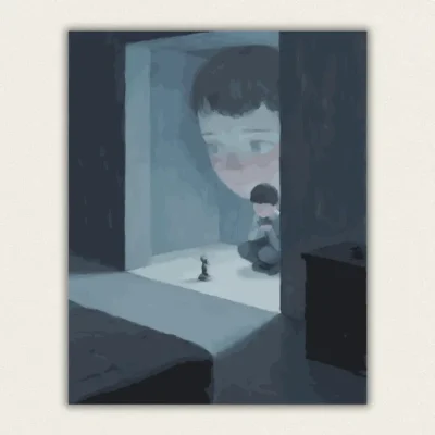 Dim room with a huge ghostly boy's face above a small crouching boy and a toy figure paint by numbers finished canvas
