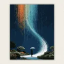 Rainbow coloured stream of light curving like a waterfall above a figure with an umbrella paint by numbers finished canvas