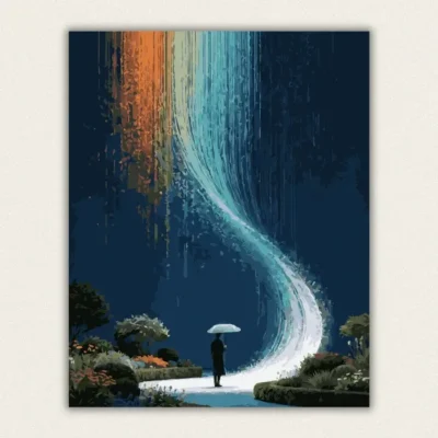 Rainbow coloured stream of light curving like a waterfall above a figure with an umbrella paint by numbers finished canvas
