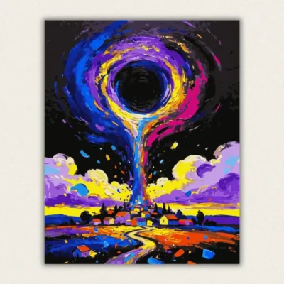 Surreal rainbow funnel cloud pouring down onto a small village paint by numbers finished canvas