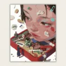 Surreal red drawer with miniature figures and woman face paint by numbers canvas
