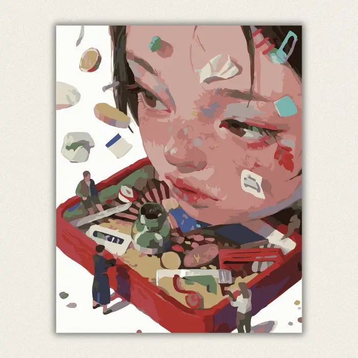 Surreal red drawer with miniature figures and woman face paint by numbers canvas