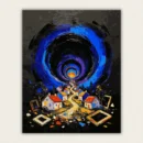 Surreal blue vortex tunnel above a red roof village with floating picture frames paint by numbers finished canvas