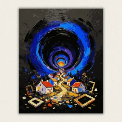 Surreal blue vortex tunnel above a red roof village with floating picture frames paint by numbers finished canvas