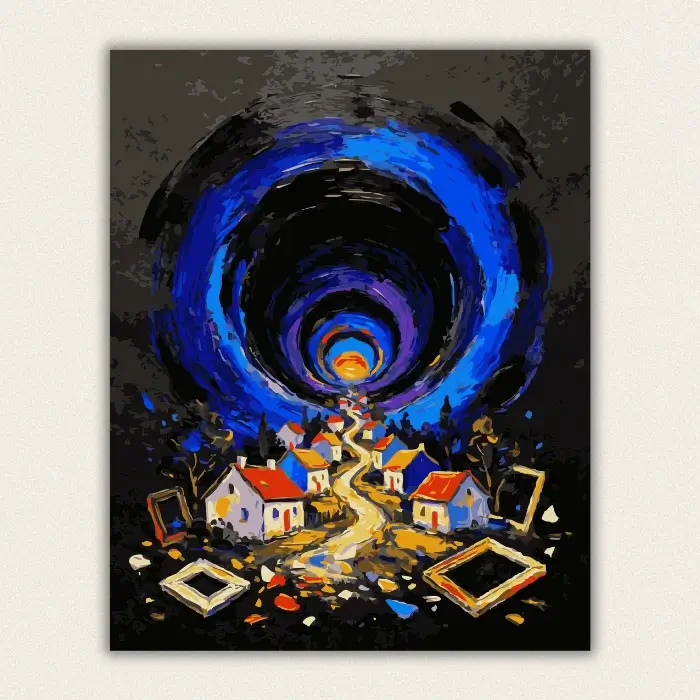 Surreal blue vortex tunnel above a red roof village with floating picture frames paint by numbers finished canvas