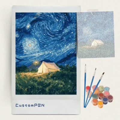 Swirling stars and tent paint by numbers kit with canvas, three brushes, paints and reference sheet