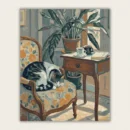 Tabby and white cat sleeping on a floral armchair in a sunlit room paint by numbers finished canvas