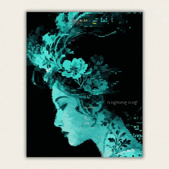 Teal digital art woman profile with floral hair and code text paint by numbers finished canvas