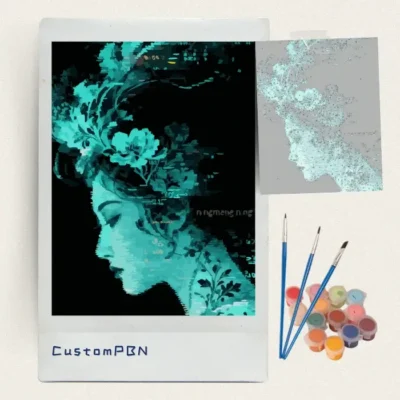 Teal digital floral woman paint by numbers kit with canvas, three brushes, paints and reference sheet