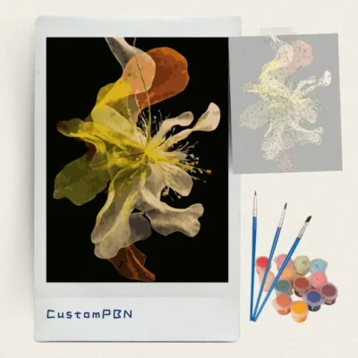 Translucent layered flower paint by numbers kit with canvas, three brushes, paints and reference sheet