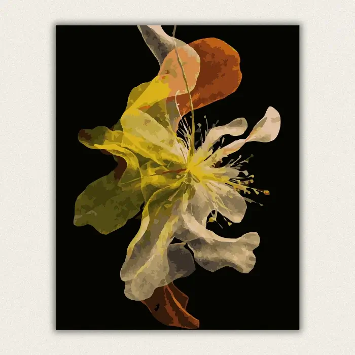Translucent layered flower petals in gold green and orange on black paint by numbers finished canvas