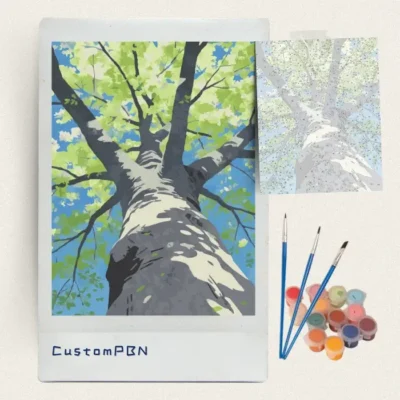 Complete tree paint by numbers kit with canvas, paints, and brushes