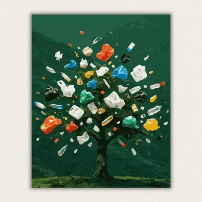 Green tree surrounded by floating plastic bags and bottles environmental awareness paint by numbers canvas