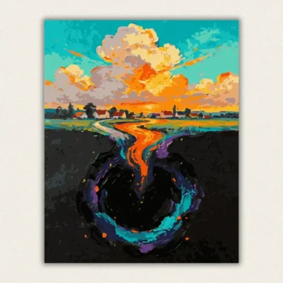 Turquoise sky with orange clouds above a glowing river and dark vortex paint by numbers finished canvas