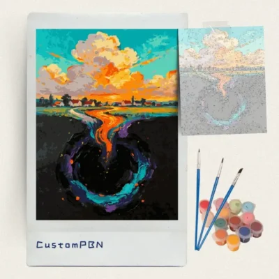 Turquoise sky orange river paint by numbers kit with canvas, three brushes, paints and reference sheet