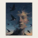 Surreal twilight portrait of a dissolving woman's face with flying birds paint by numbers canvas