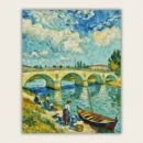 Post-impressionist stone bridge over a river with washerwomen and swirling sky paint by numbers finished canvas