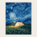 Swirling star filled night sky above a glowing tent in a meadow paint by numbers finished canvas