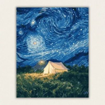 Swirling star filled night sky above a glowing tent in a meadow paint by numbers finished canvas