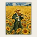 Red bearded violinist playing in a sunflower field beneath a swirling night sky paint by numbers finished canvas