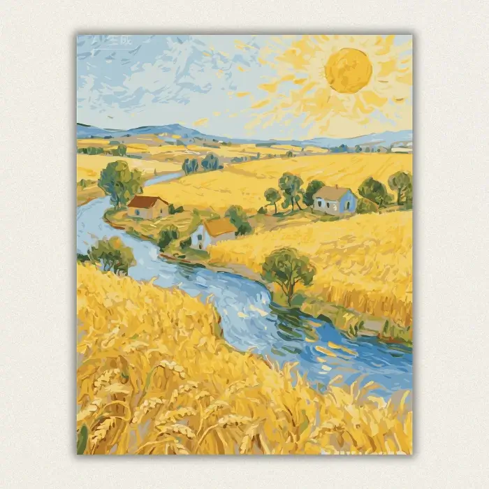 Golden wheat field with a winding blue river and a giant sun in post impressionist style paint by numbers finished canvas
