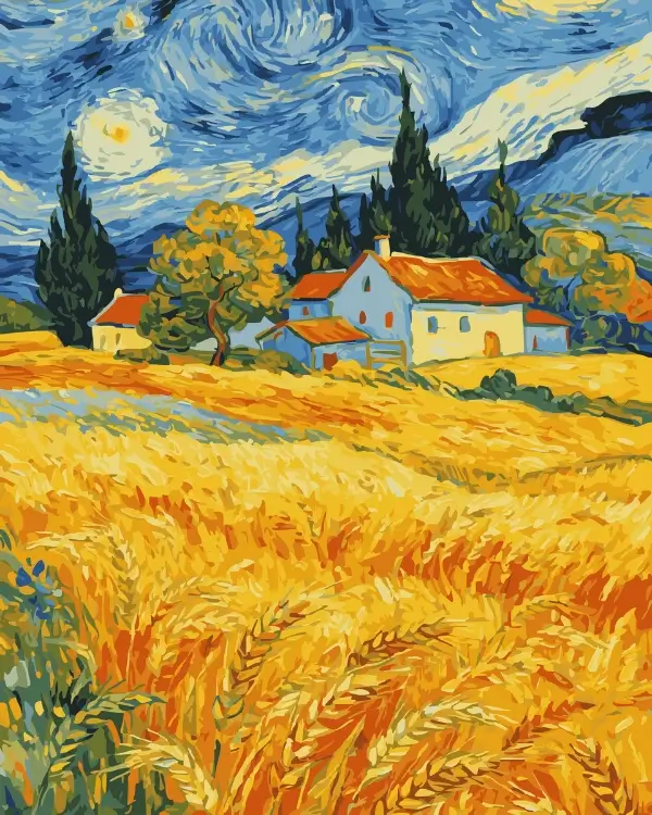Van Gogh inspired paint by numbers canvas featuring a vibrant golden wheat field, a rustic farmhouse, cypress trees, and a swirling blue sky.