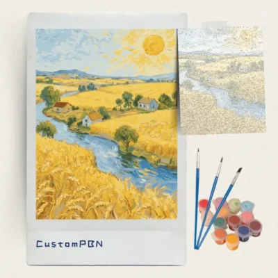 Wheat field and river paint by numbers kit with canvas, three brushes, paints and reference sheet