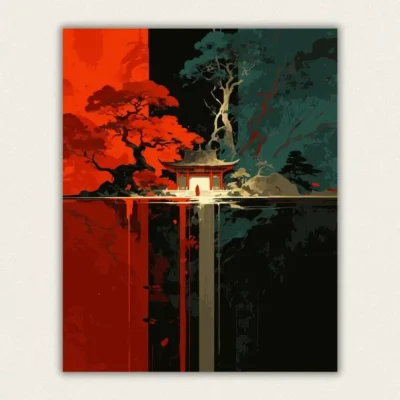 Vermilion gate reflected in still black water paint by numbers finished canvas