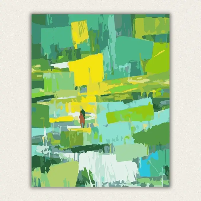 Vibrant green yellow and teal geometric abstract landscape paint by numbers canvas with small figure