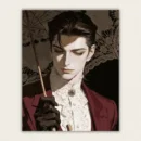 Portrait of a long haired gentleman in a wine red suit with white lace and a lace parasol paint by numbers finished canvas