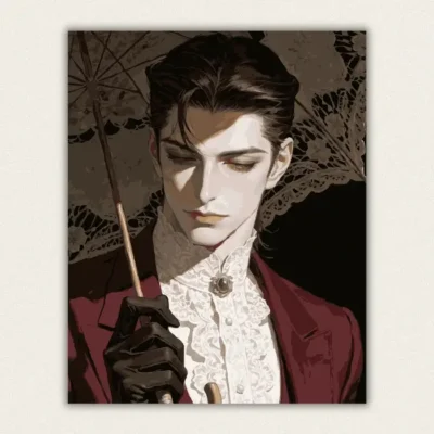 Portrait of a long haired gentleman in a wine red suit with white lace and a lace parasol paint by numbers finished canvas