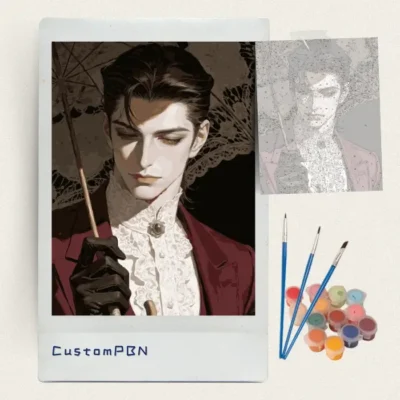 Victorian aristocrat paint by numbers kit with canvas, three brushes, paints and reference sheet