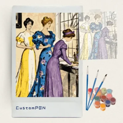 Victorian ladies fashion paint by numbers kit with numbered canvas, three brushes, paint pots and reference sheet