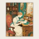 Victorian lady writing at a desk in a vintage library paint by numbers finished canvas