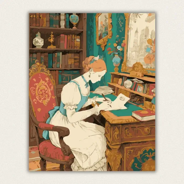 Victorian lady writing at a desk in a vintage library paint by numbers finished canvas