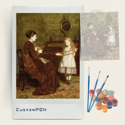 Victorian mother and daughter paint by numbers kit with canvas, three brushes, paints and reference sheet