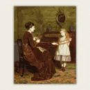 Victorian mother and daughter winding red yarn together in a period drawing room paint by numbers finished canvas