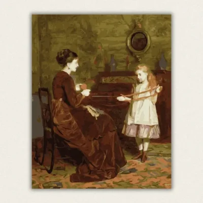 Victorian mother and daughter winding red yarn together in a period drawing room paint by numbers finished canvas