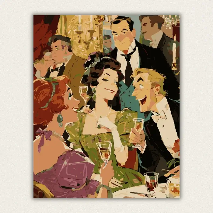 Vintage illustration of an elegant banquet party with guests in evening dress paint by numbers finished canvas